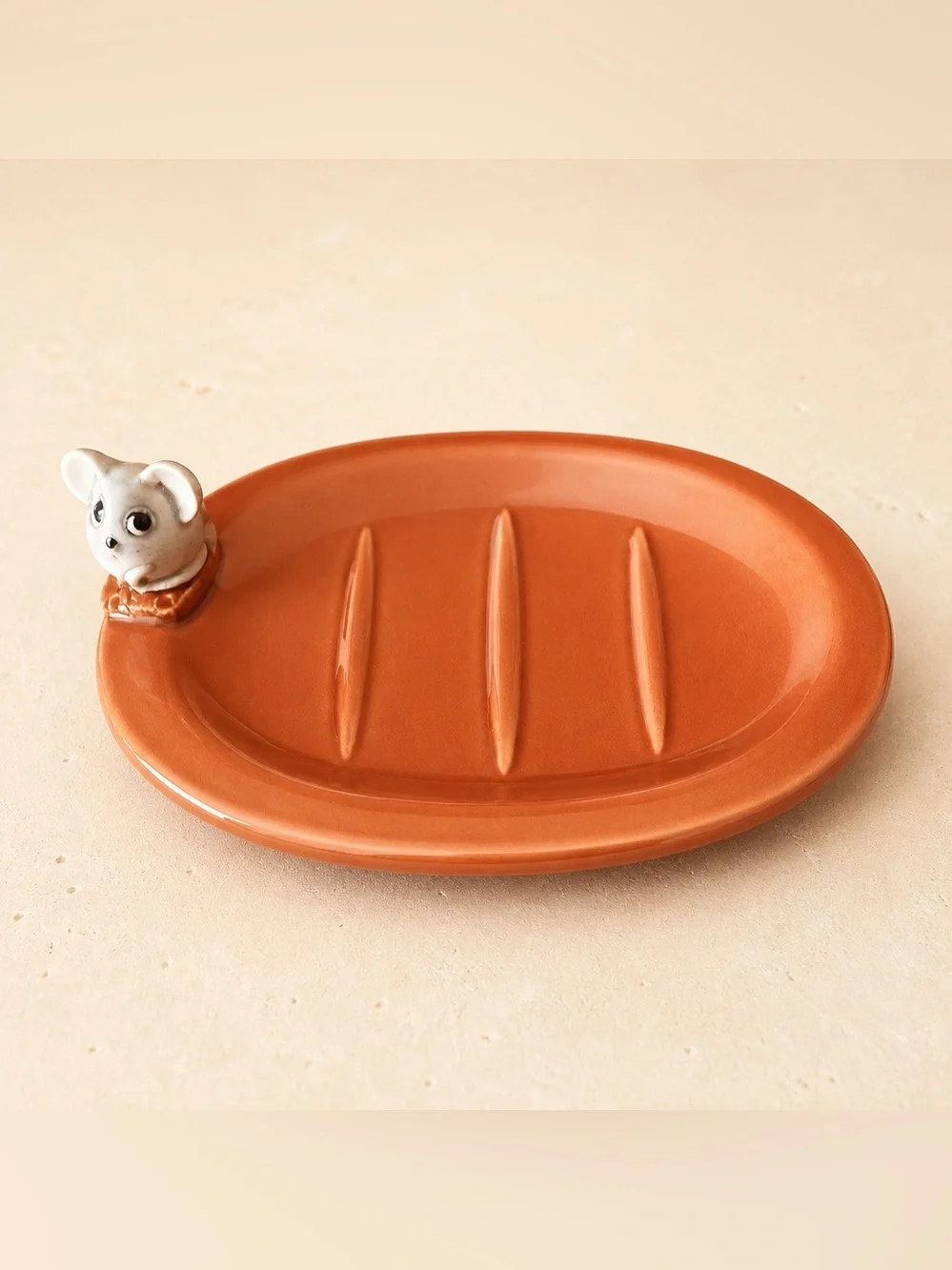 Whimsical Ceramic Orange Soap Dish with Mouse Accent